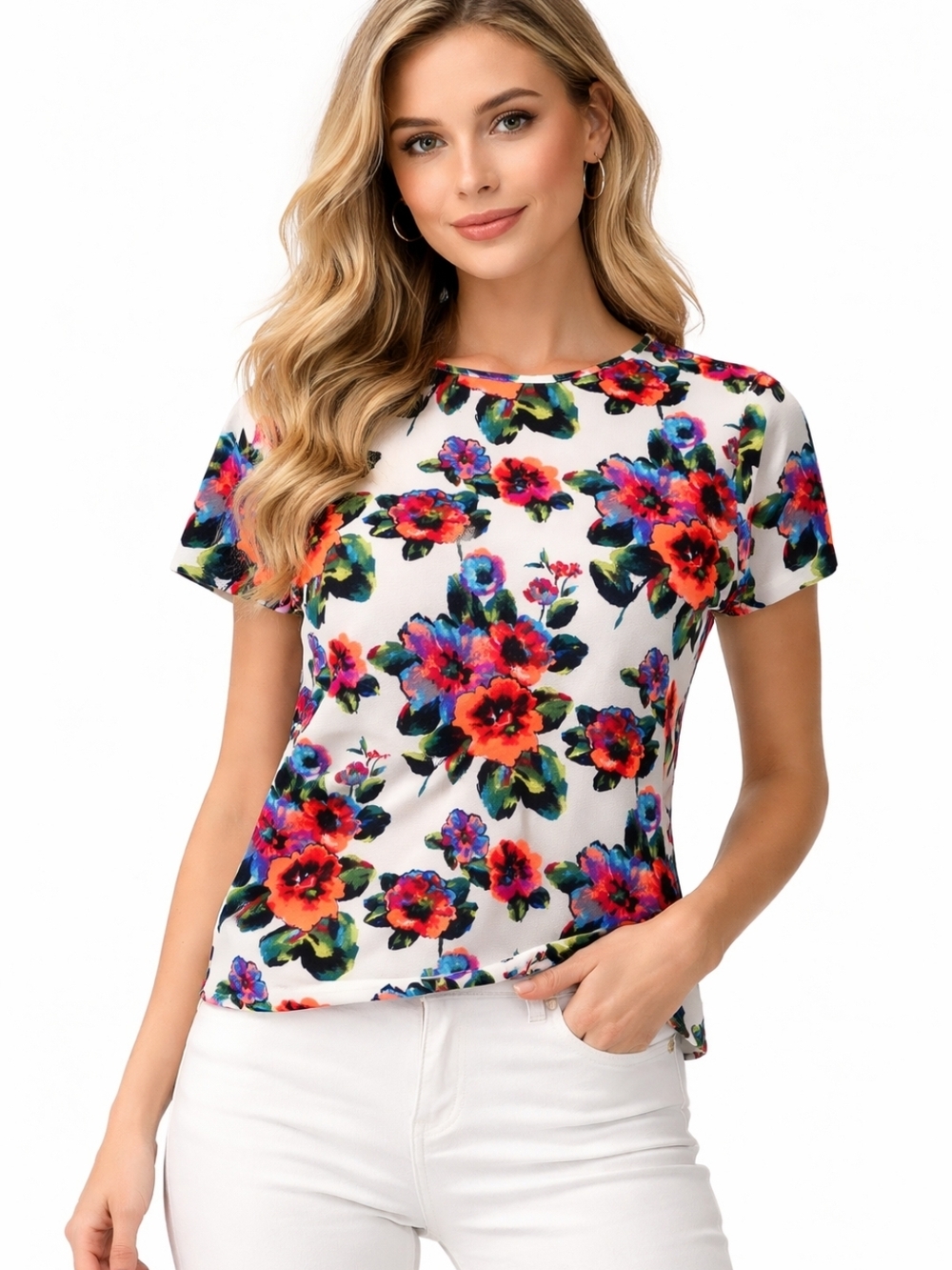 Felicity &Coco Floral Crewneck Short Sleeve Top in White Multicolor ( Size:xs)